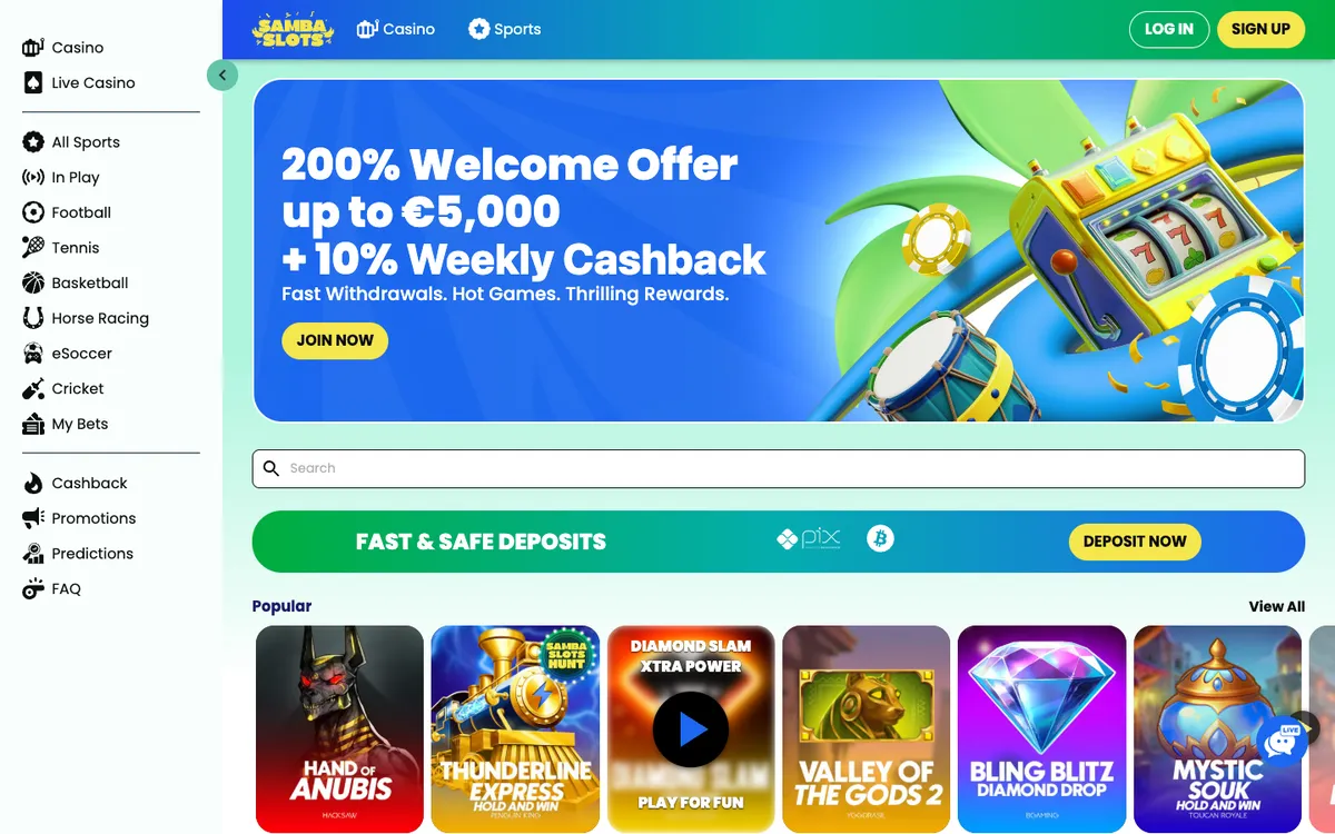 Samba Slots Casino — Home page, captured from Brazil