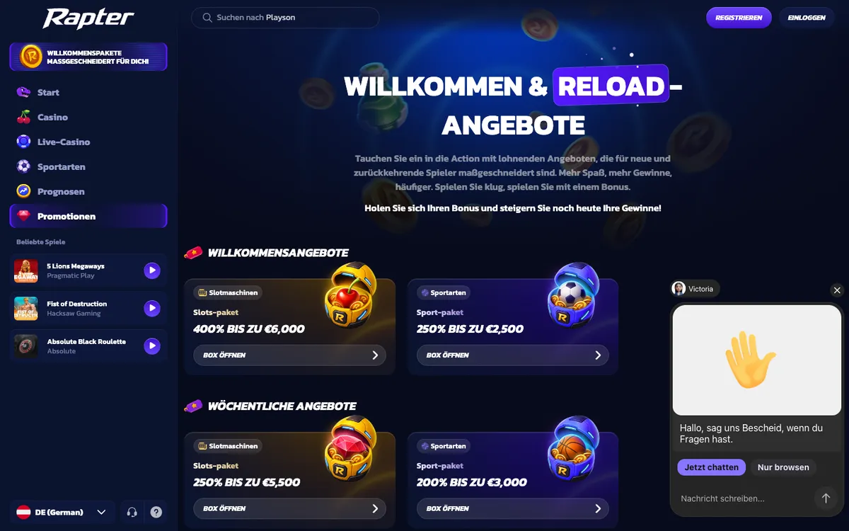 Rapter Casino — Promotions, captured from Germany