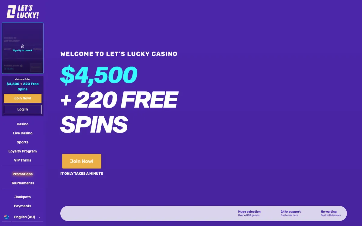 LetsLucky Casino — «Главная», снято из страны Австралия