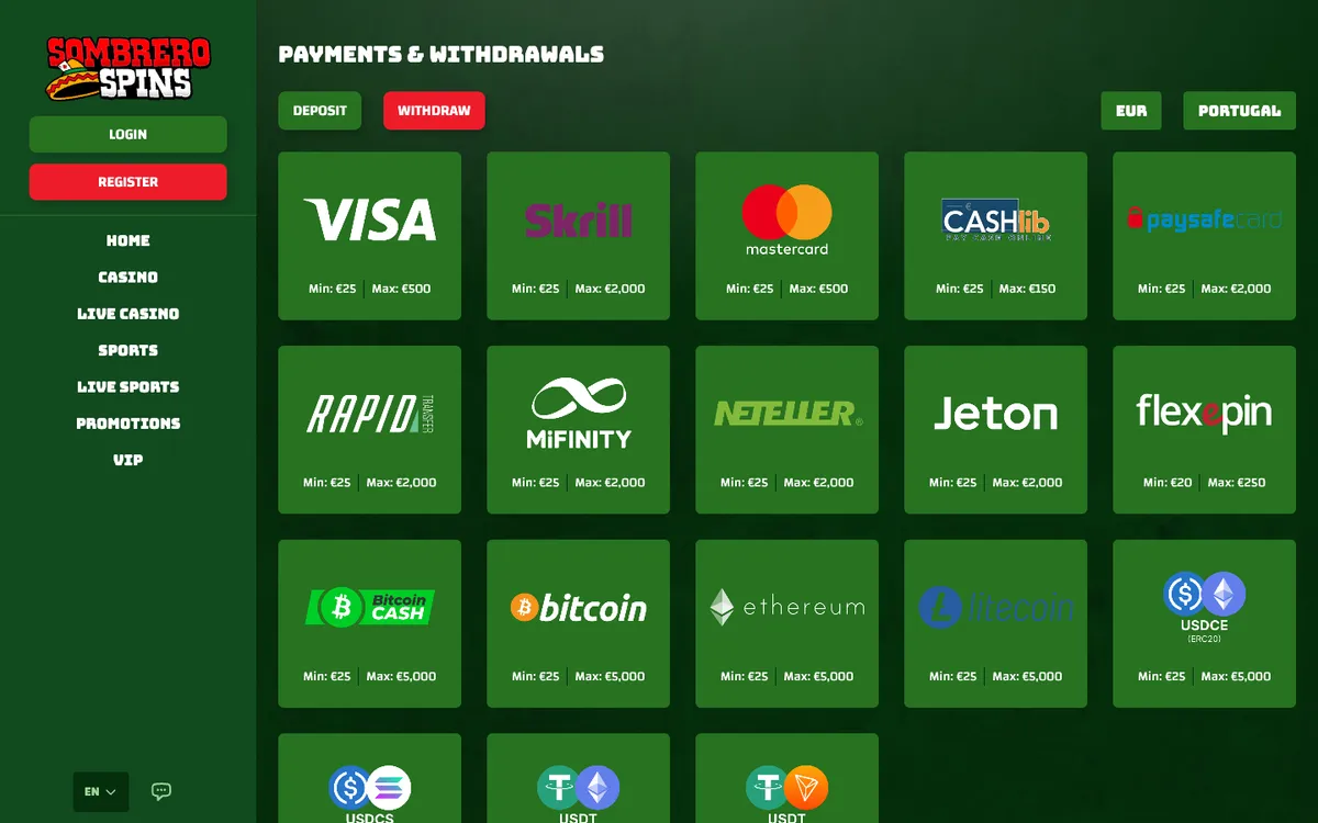 Sombrero Spins Casino — Payments, captured from Portugal