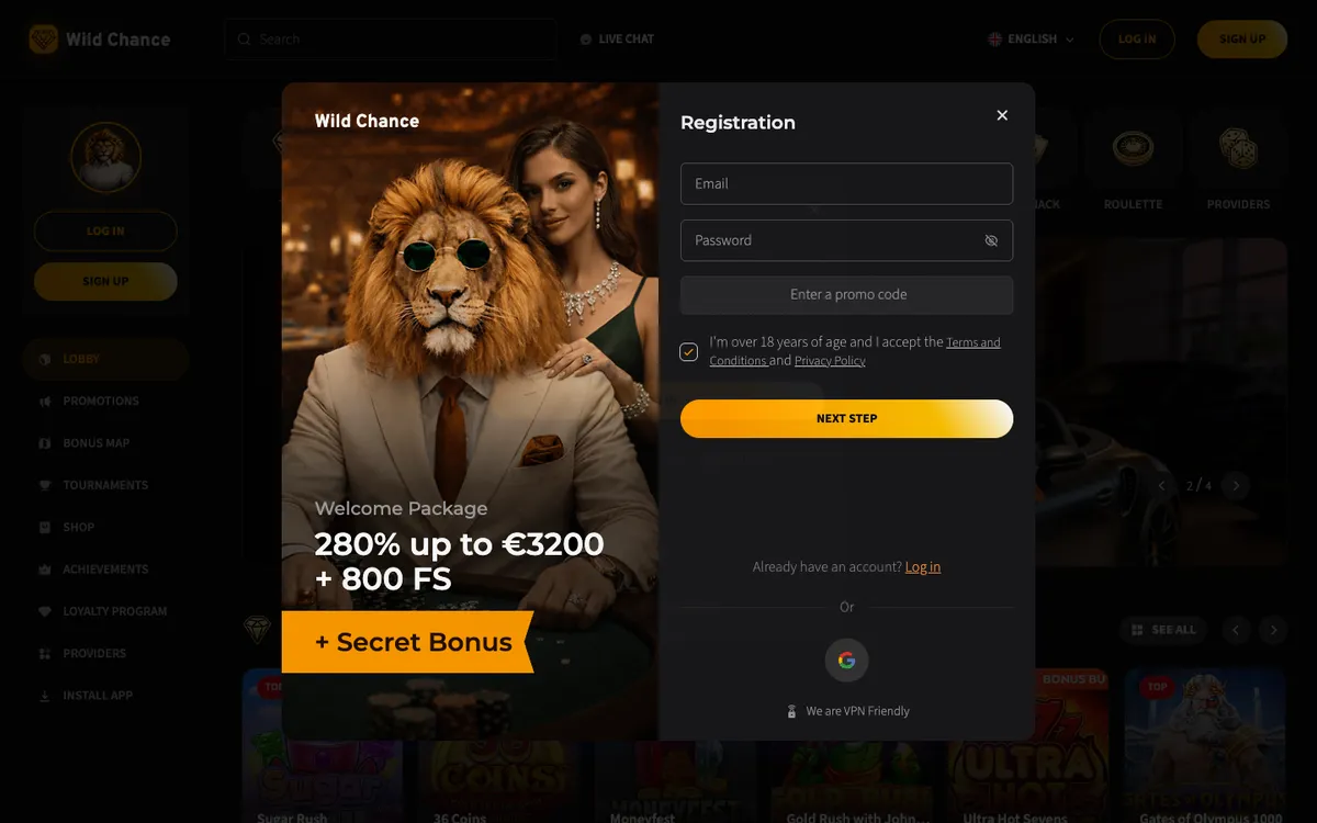 Wild Chance Casino — «Регистрация», снято из страны Новая Зеландия