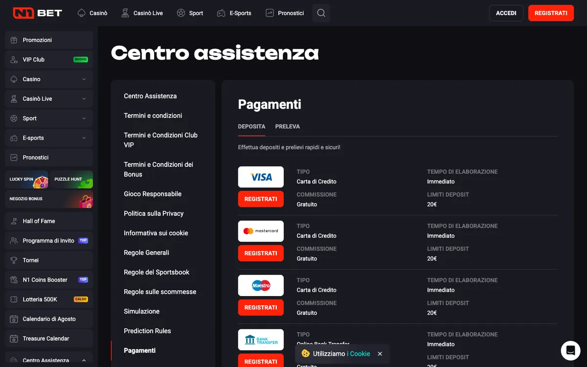 N1Bet Casino — Payments, captured from Italy