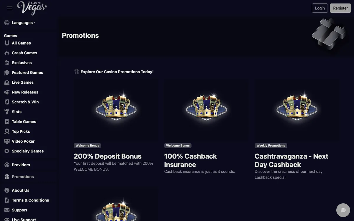 Always Vegas Casino — Promotions, captured from Australia