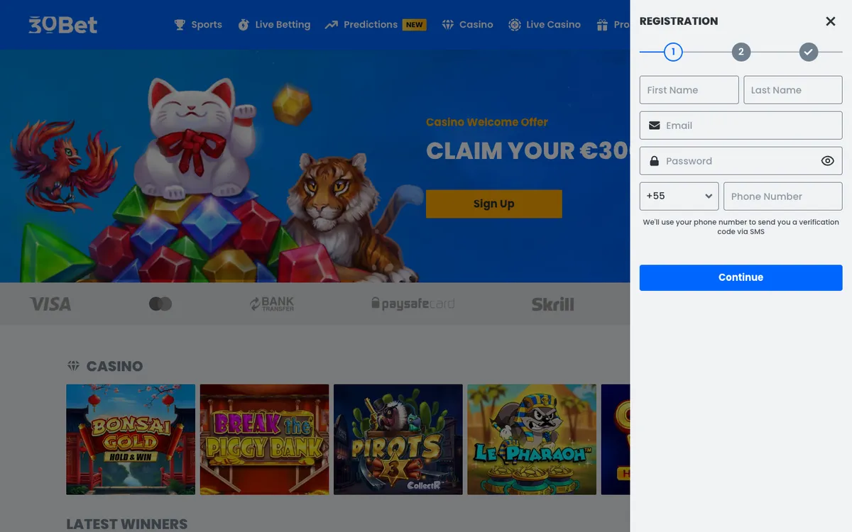 30Bet Casino — «Регистрация», снято из страны Бразилия