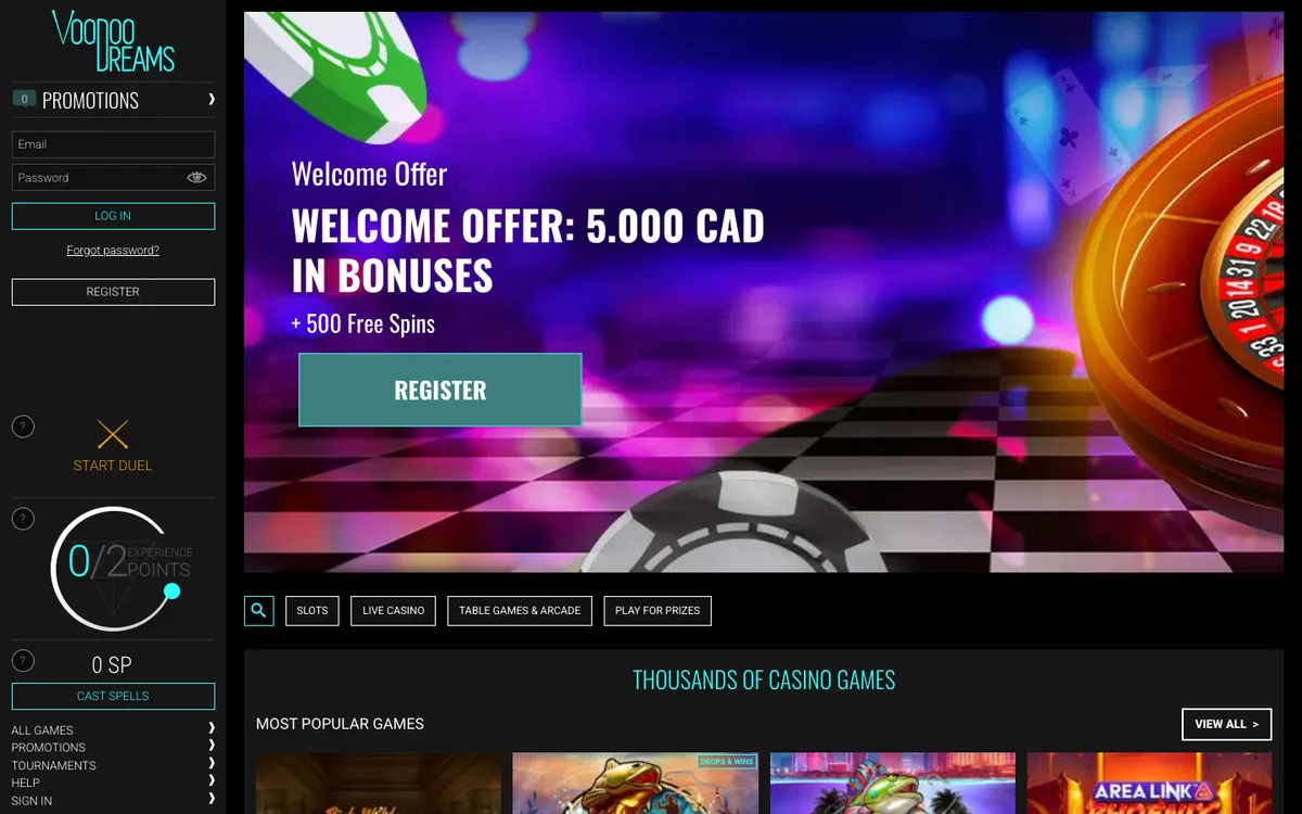 VoodooDreams Casino — Home page, captured from Canada