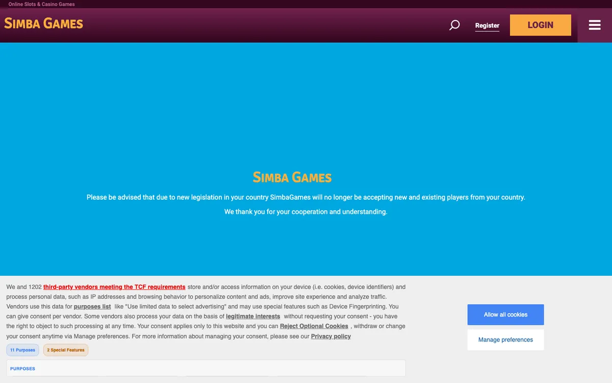 Simba Games — Home page, captured from Australia