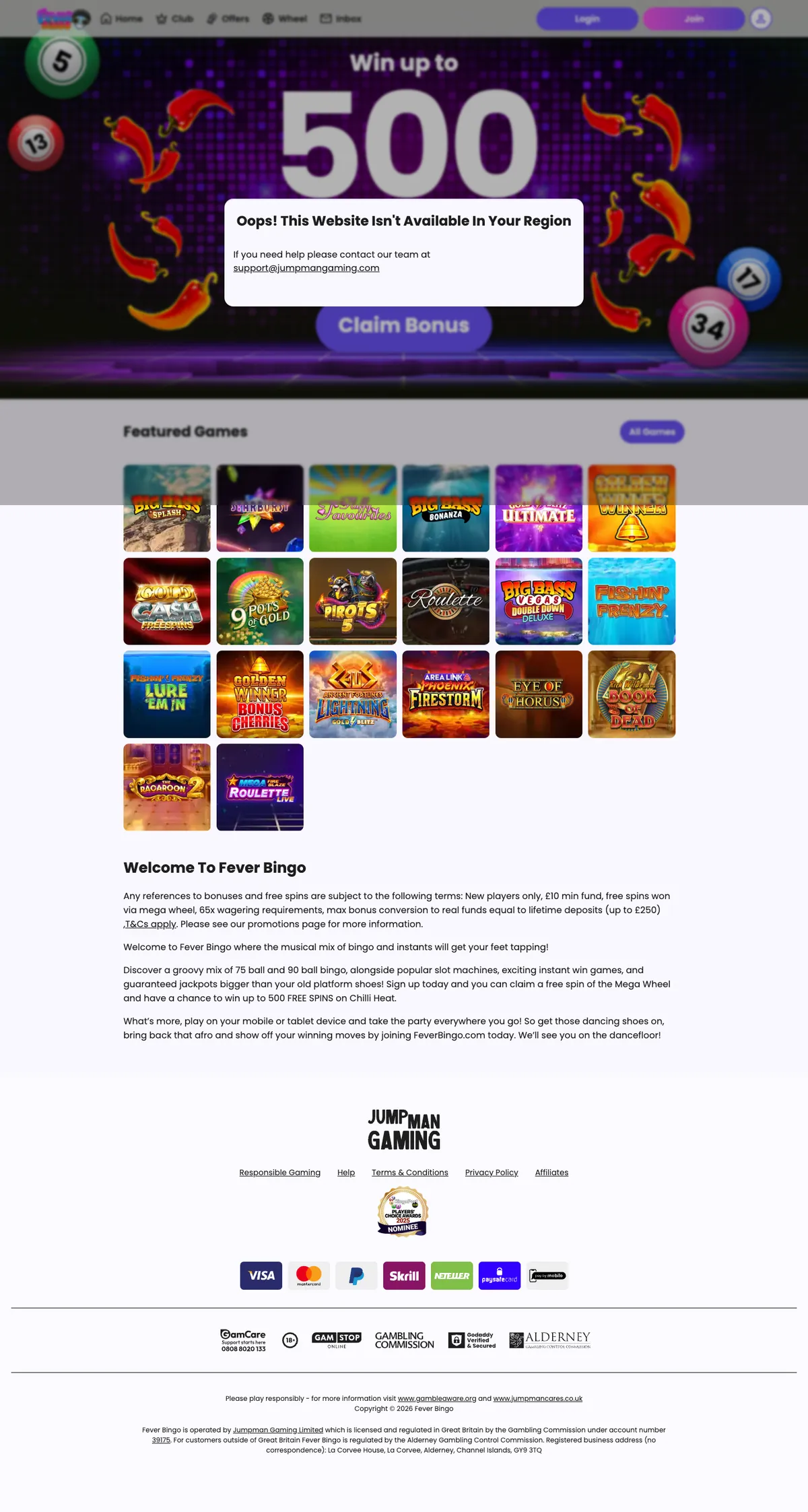 Fever Bingo Casino — Home page, captured from Austria