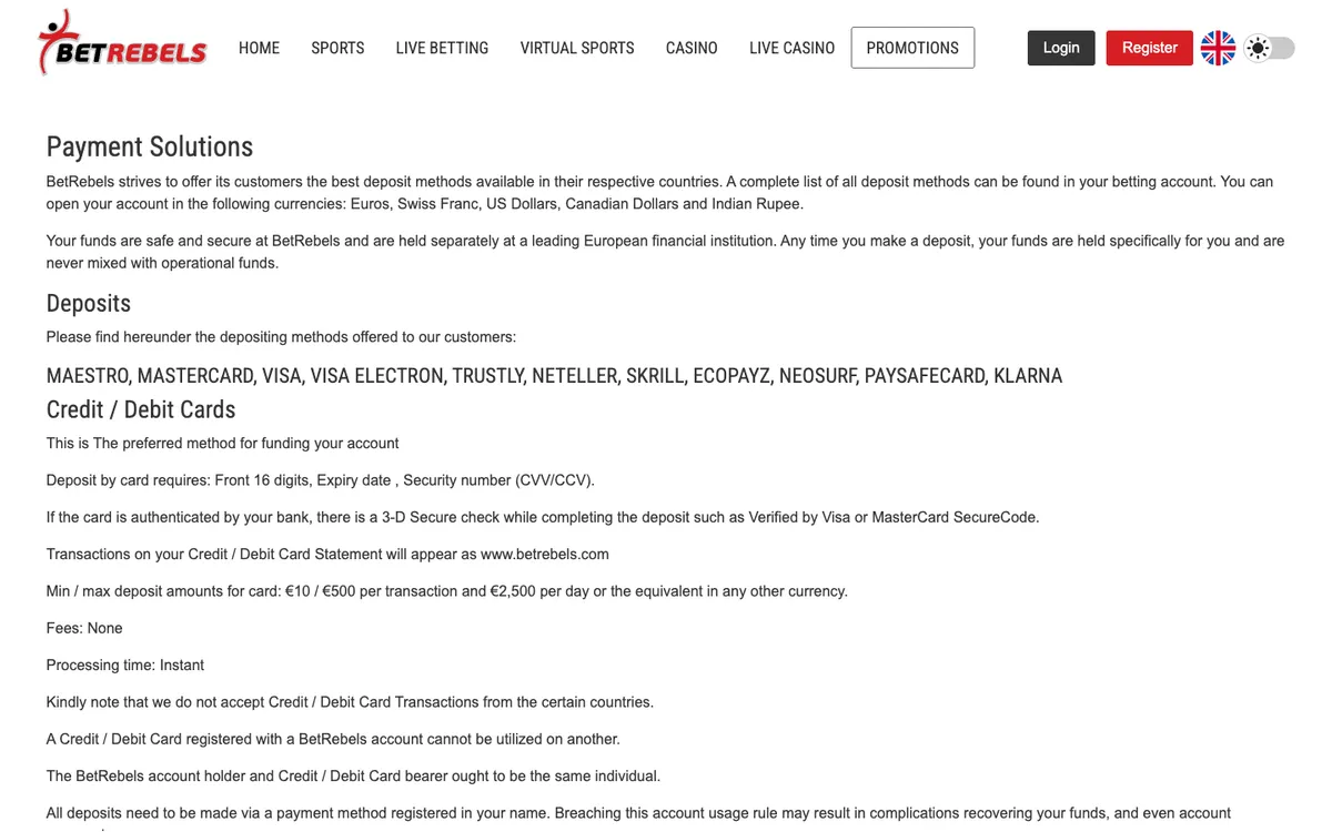 Betrebels Casino — Payments, captured from Austria