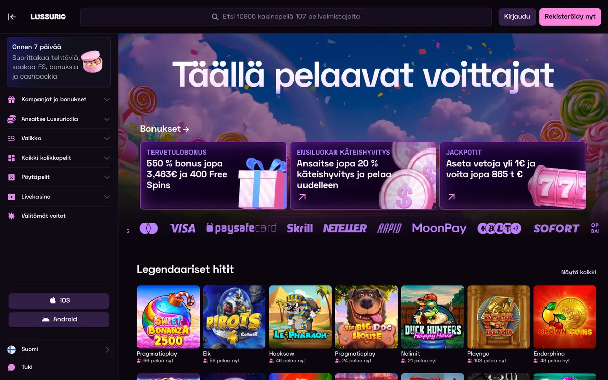 Lussurio Casino — Home page, captured from Finland