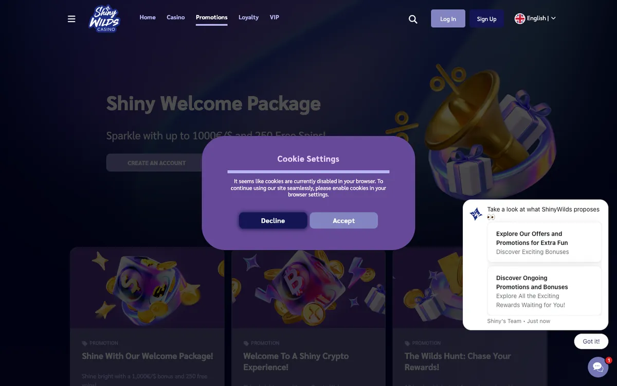 ShinyWilds Casino — Promotions, captured from Belgium