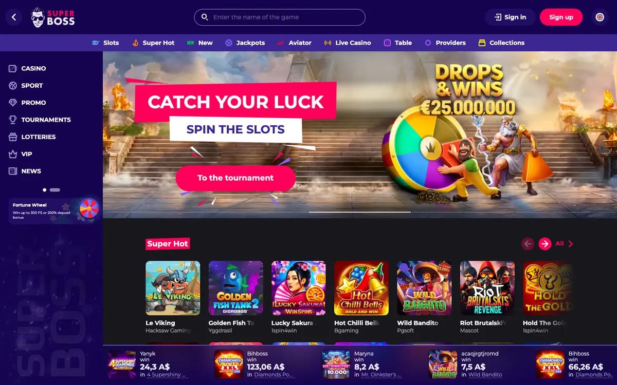 SuperBoss Casino — Home page, captured from Australia
