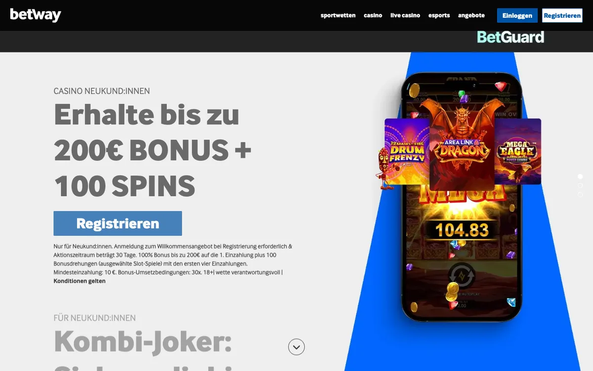 Betway Casino — Home page, captured from Austria