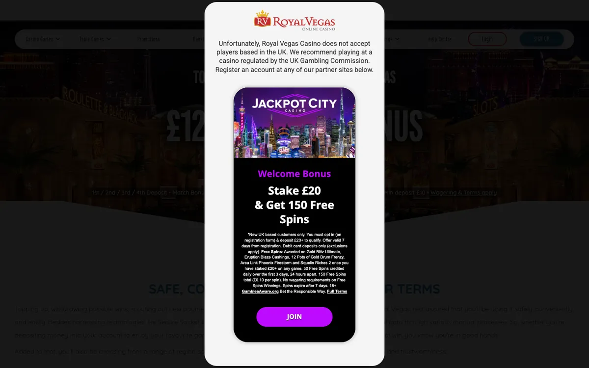 Royal Vegas Casino — Payments, captured from United Kingdom