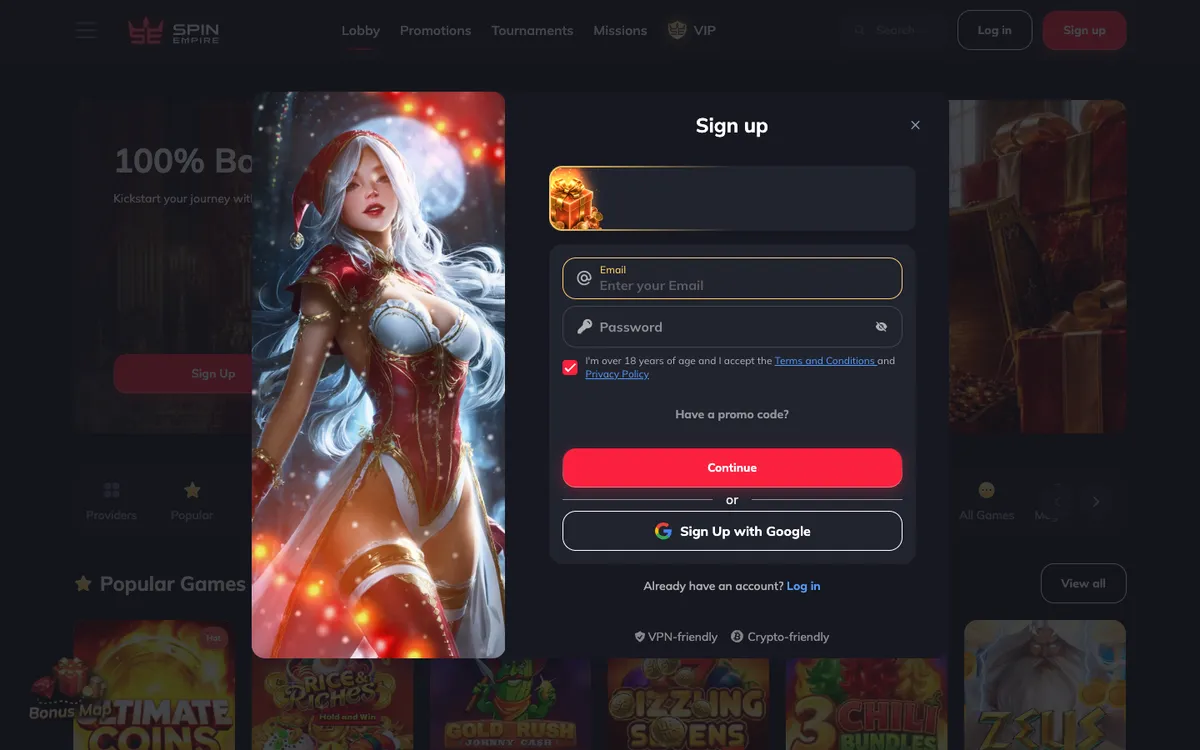 Spin Empire Casino — «Главная», снято из страны Новая Зеландия