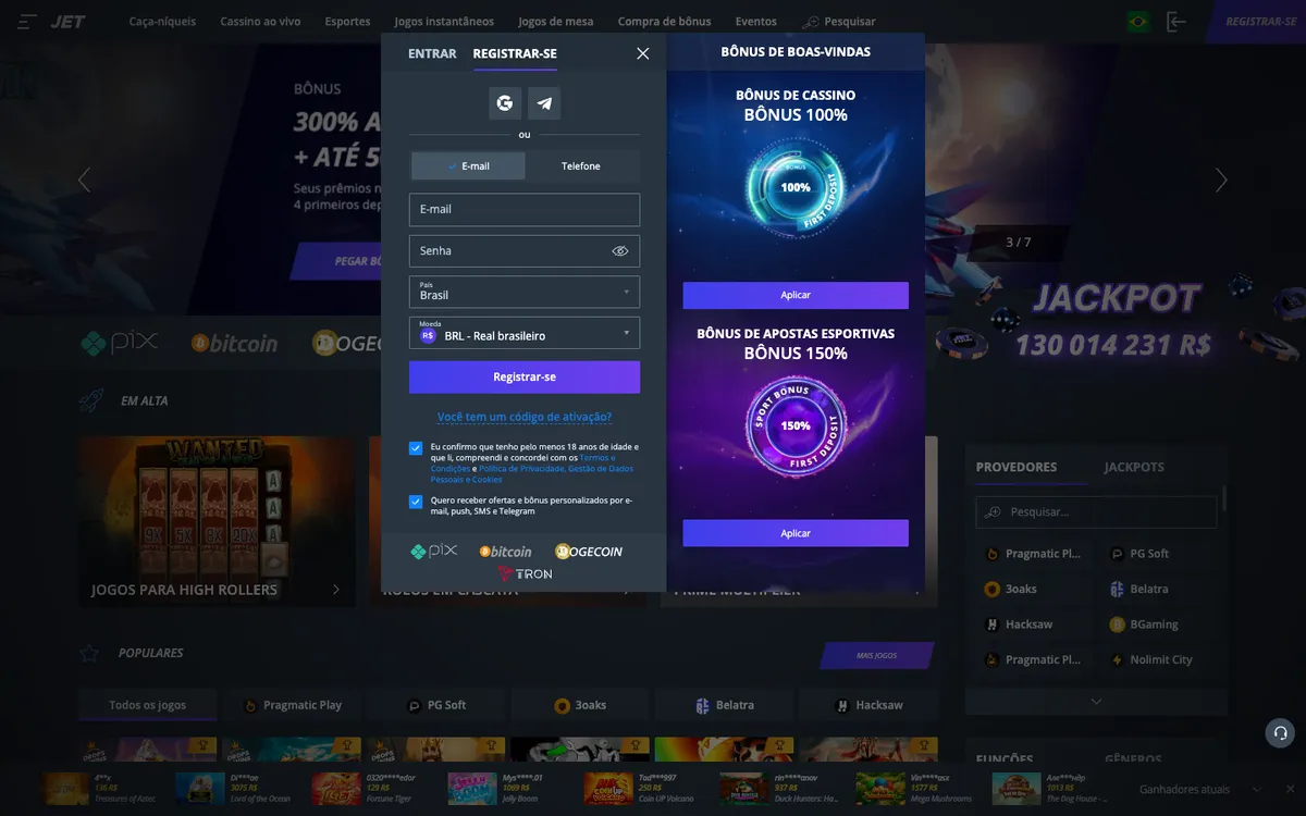 Jet Casino — Home page, captured from Brazil