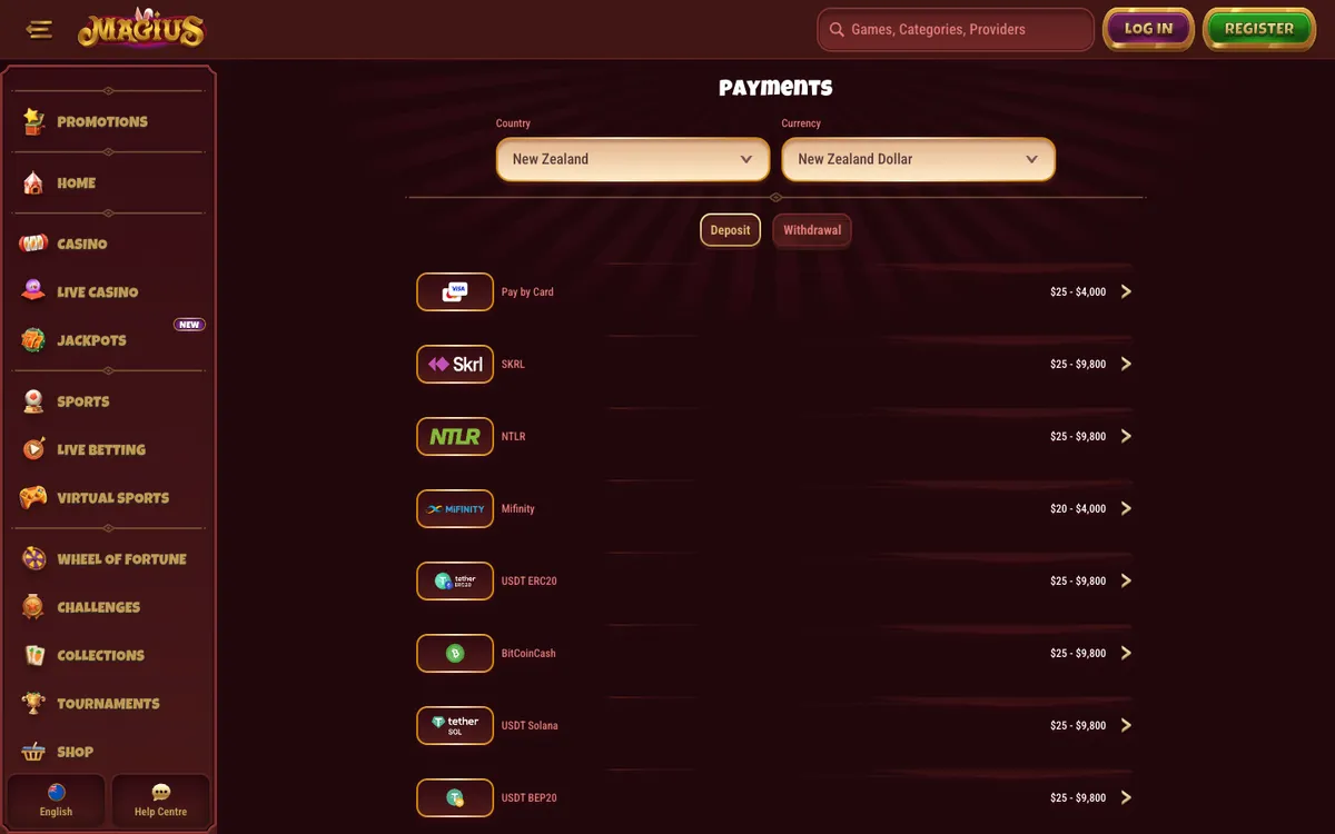 Magius Casino — Payments, captured from New Zealand