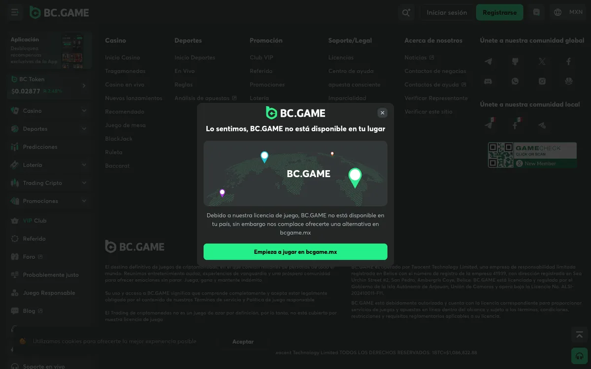 BC.Game Casino — Home page, captured from Mexico