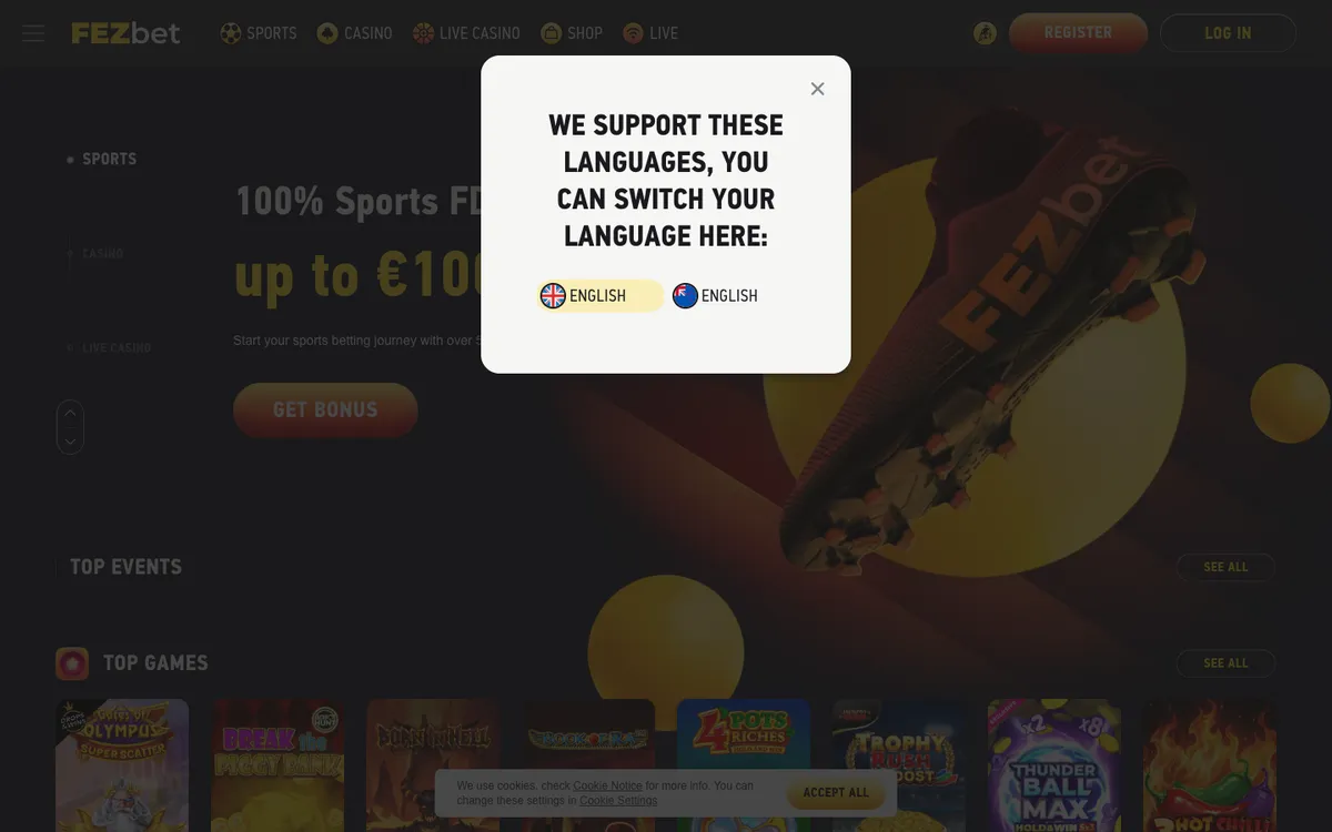 FEZbet Casino — «Главная», снято из страны Новая Зеландия