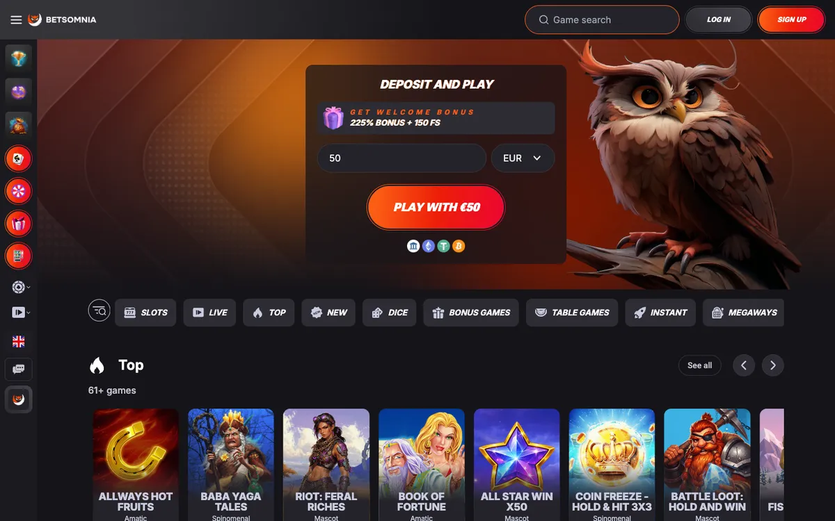 Betsomnia Casino — Home page, captured from Nigeria