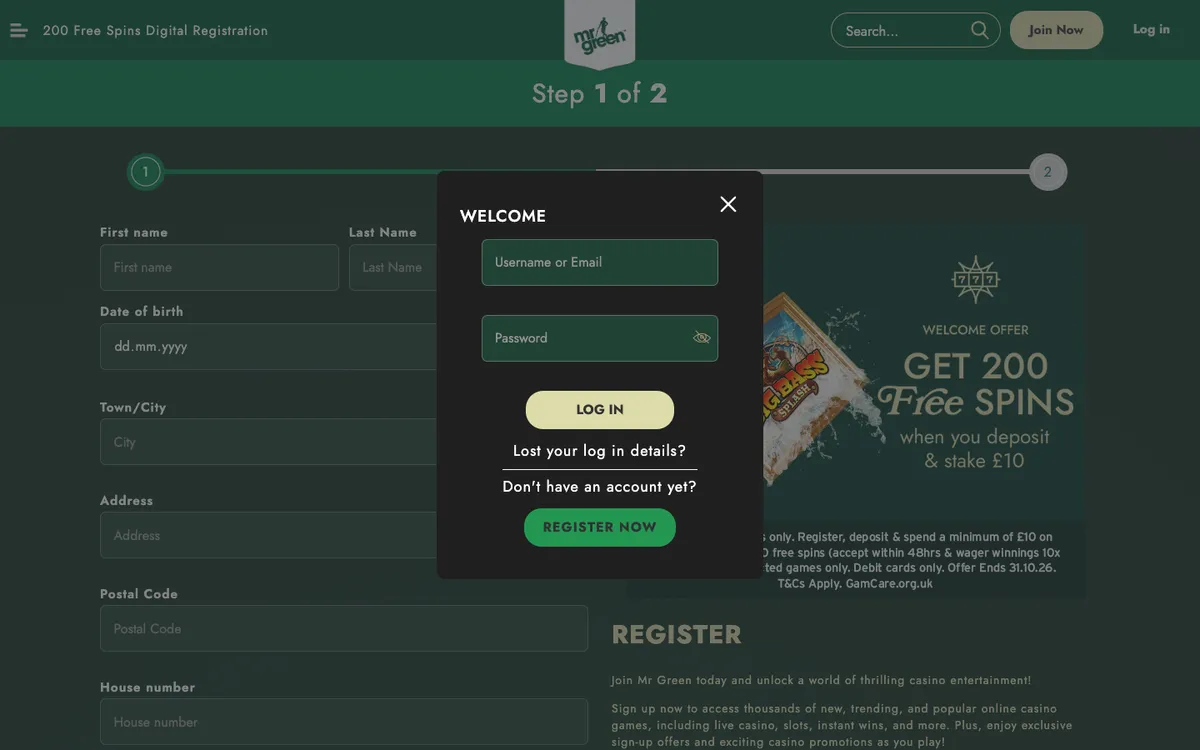 Mr Green Casino — Sign-up, captured from United Kingdom