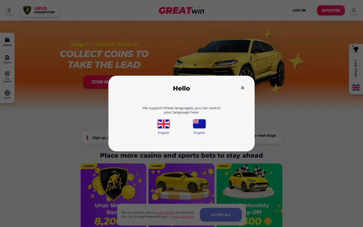 GreatWin Casino — «Акции», снято из страны Новая Зеландия