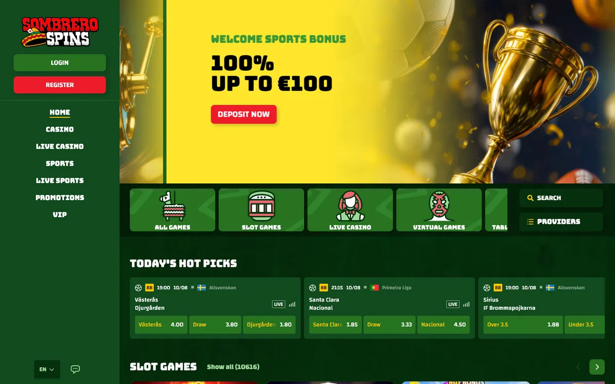 Sombrero Spins Casino — Home page, captured from Austria