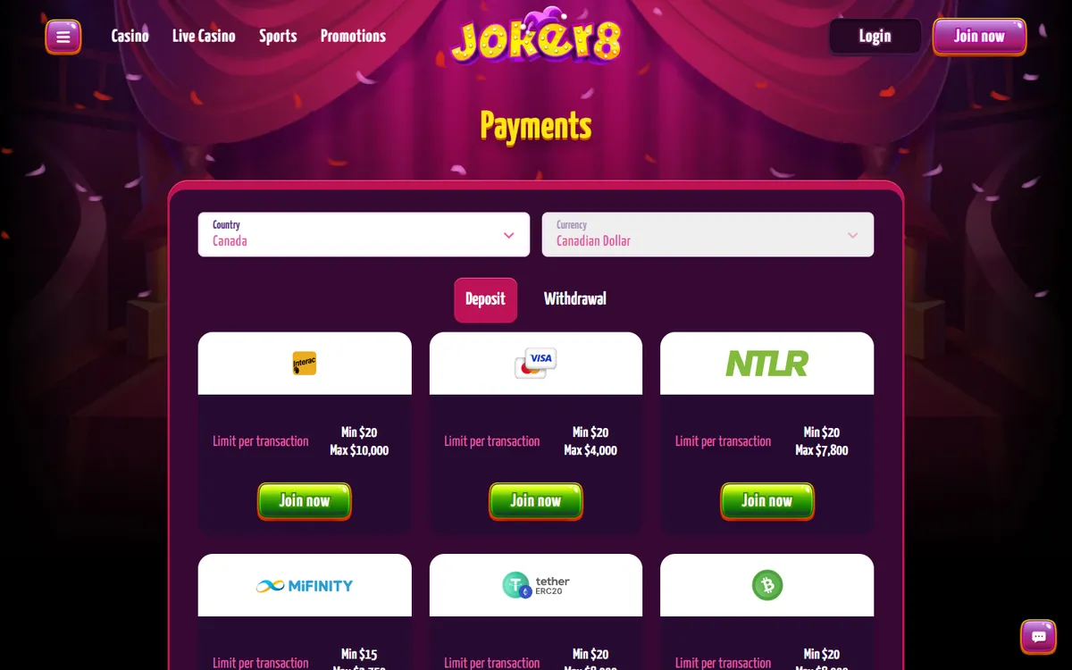 Joker8 Casino — Payments, captured from Canada