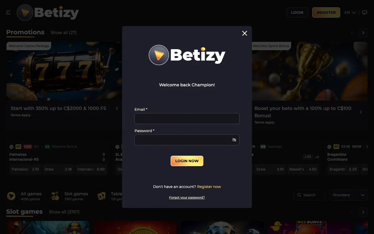 Betizy Casino — Sign-up, captured from Canada