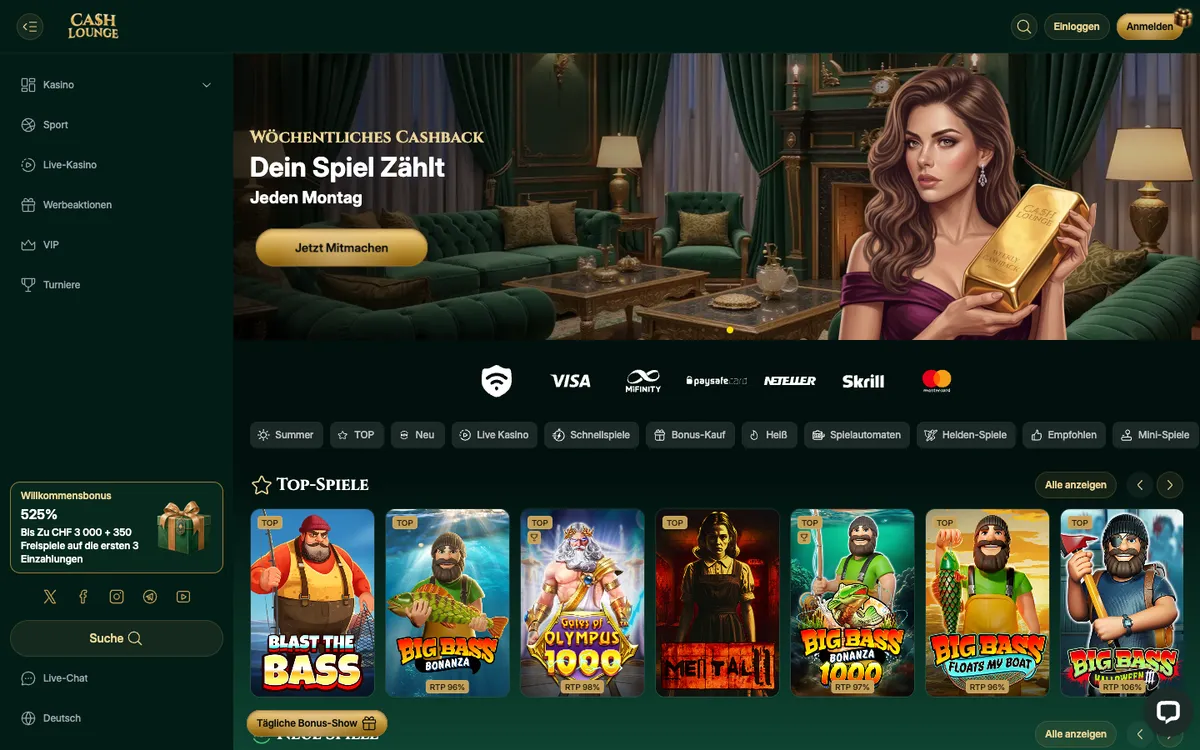 Cash Lounge Casino — Home page, captured from Switzerland