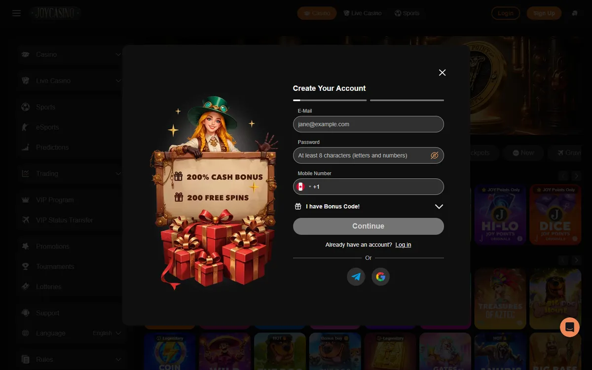 JoyCasino — Sign-up, captured from Canada