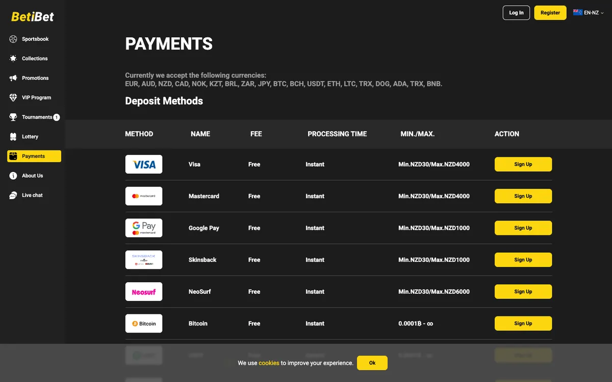 BETiBET Casino — Payments, captured from New Zealand