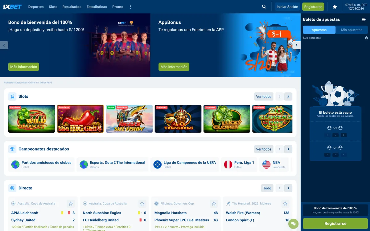 1xBet Casino — Home page, captured from Peru