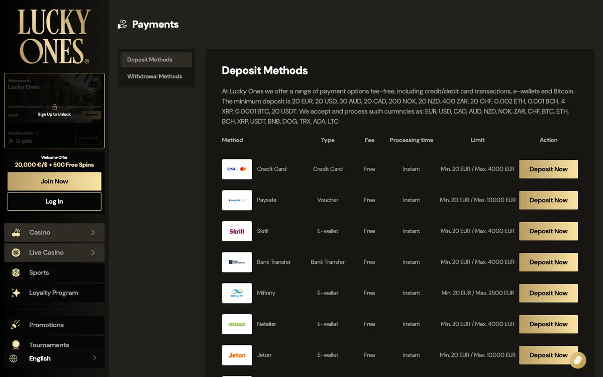 Lucky Ones Casino — Payments, captured from South Africa