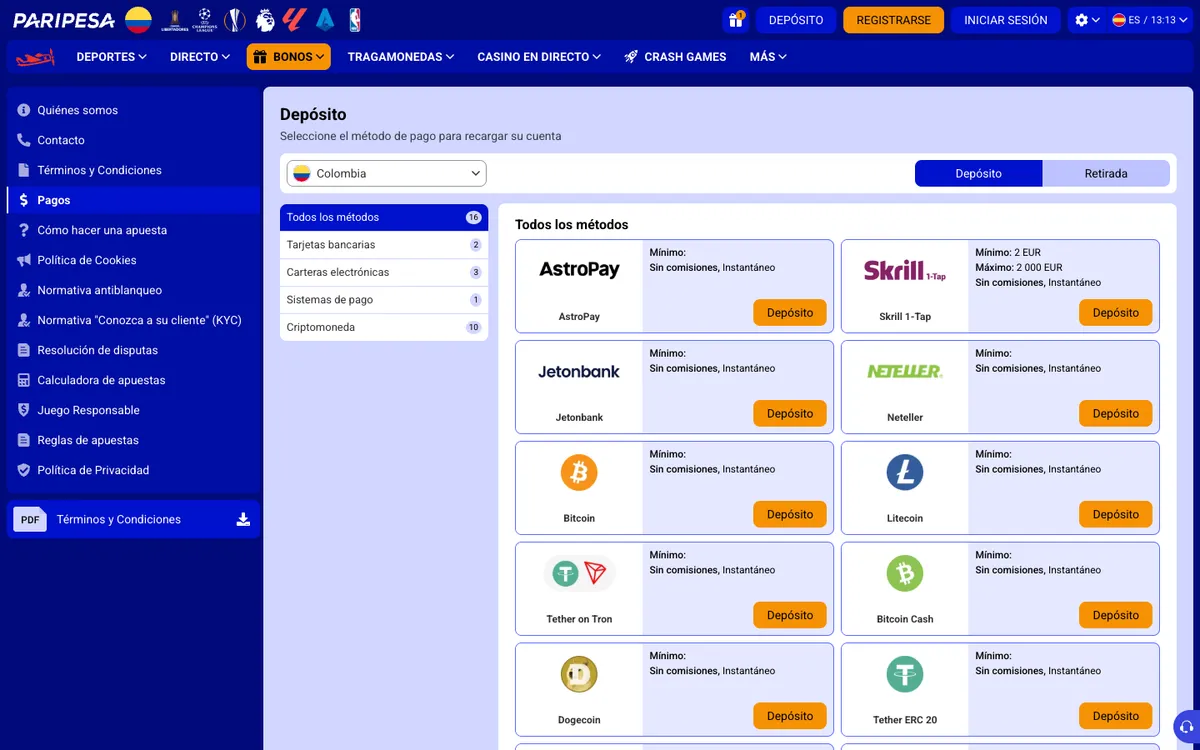 Paripesa Casino — Payments, captured from Colombia