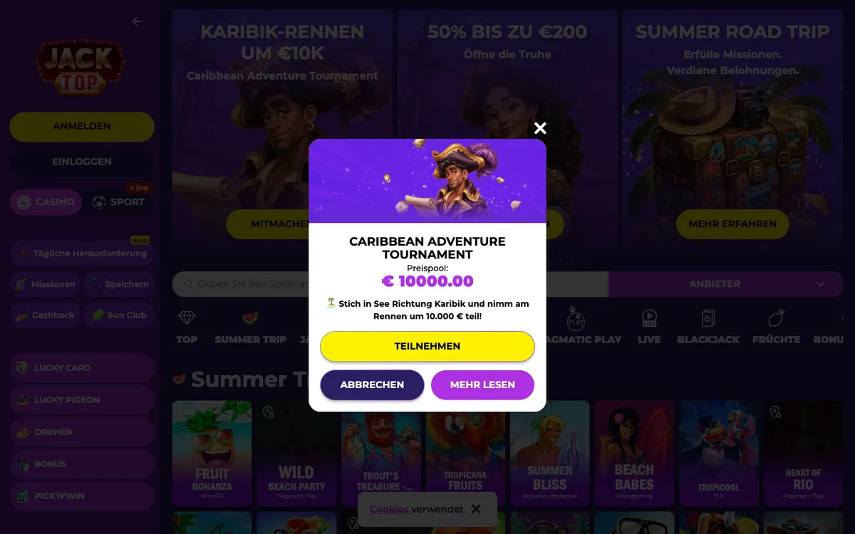 Jacktop Casino — Home page, captured from Austria