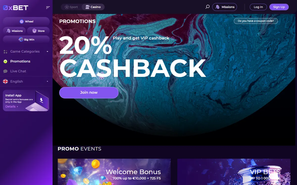 0x.bet Casino — Promotions, captured from Canada