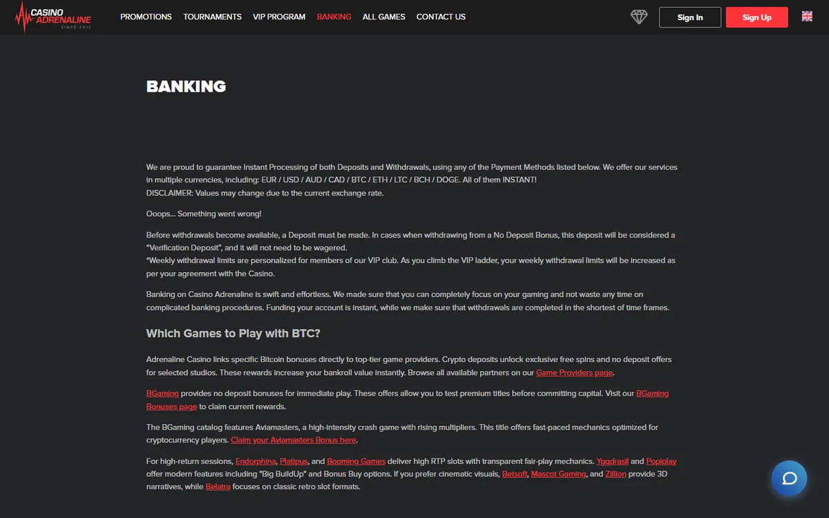 Casino Adrenaline — Payments, captured from Canada