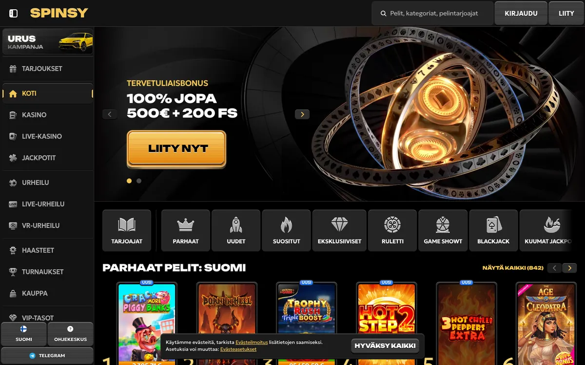 Spinsy Casino — Home page, captured from Finland