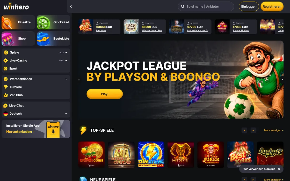 Winhero Casino — Home page, captured from Austria