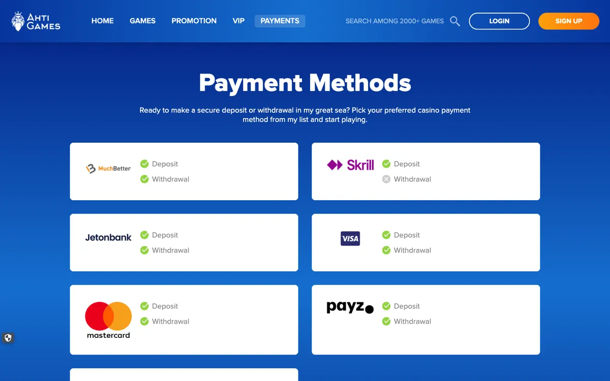 AHTI Games Casino — Payments, captured from South Africa
