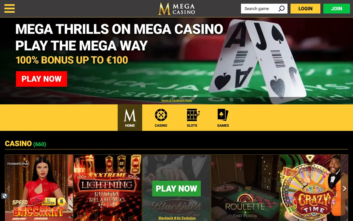 Mega Casino — Home page, captured from South Africa