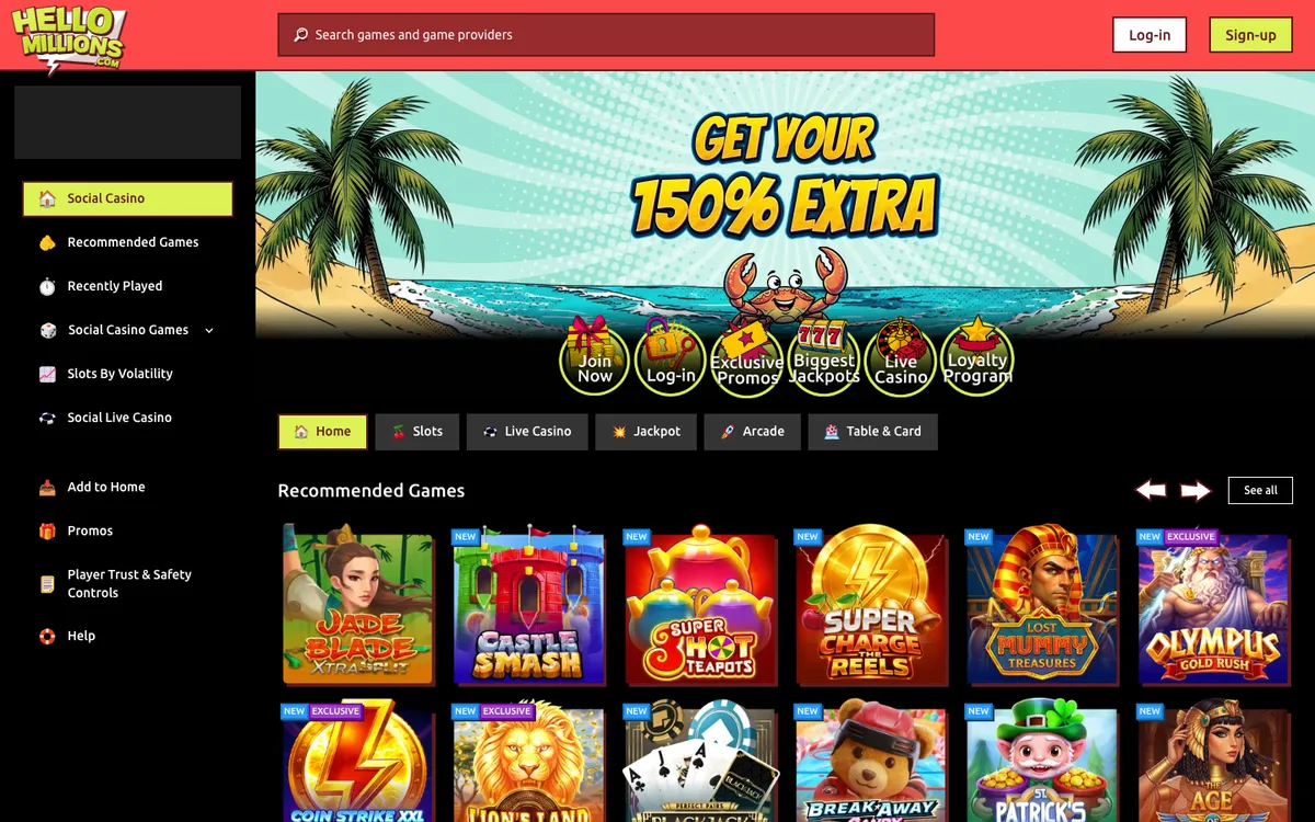 Hello Millions Casino — Home page, captured from United States