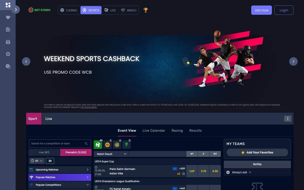 BetStorm Casino — Home page, captured from United Kingdom