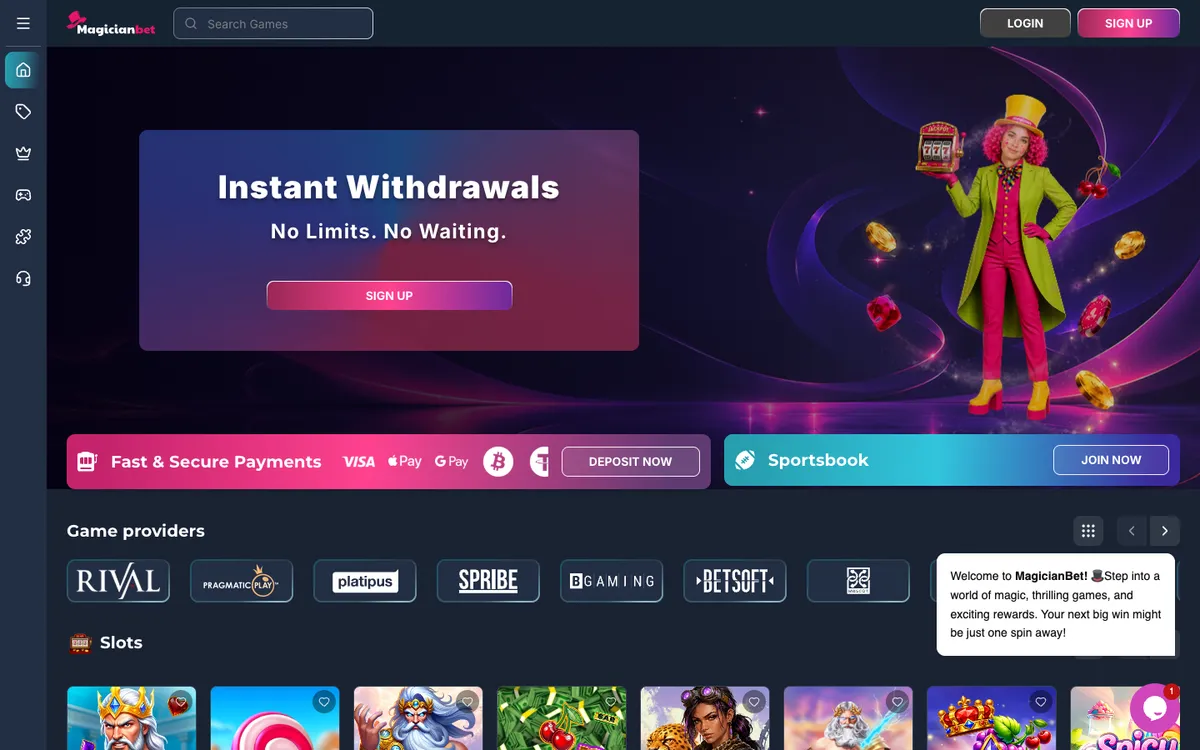 MagicianBet Casino — Home page, captured from Austria