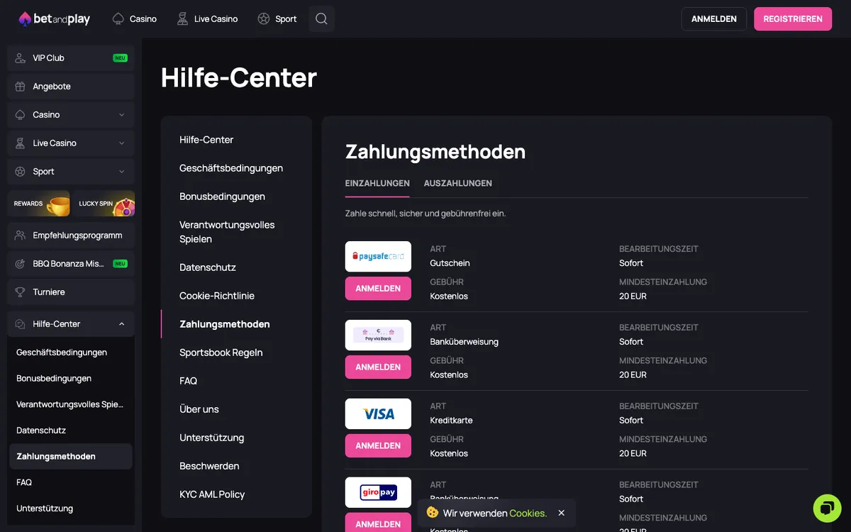 Betandplay Casino — Payments, captured from Germany