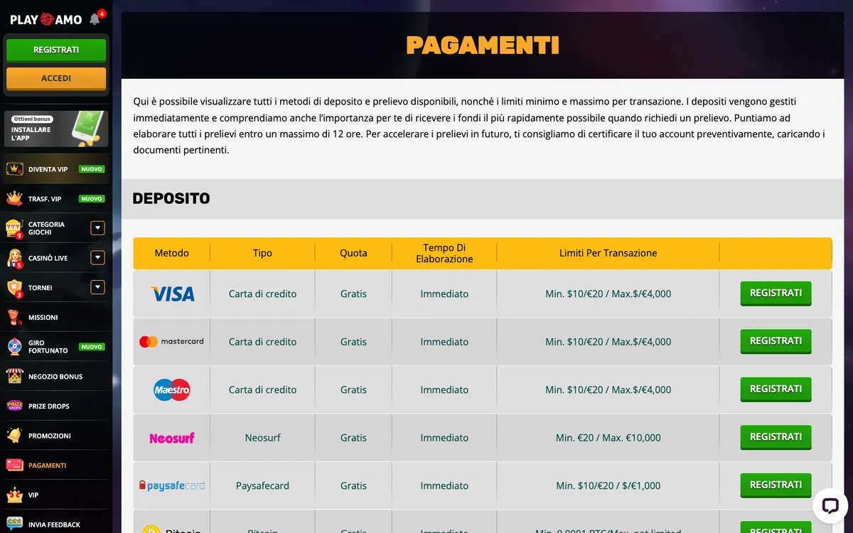 Playamo Casino — Payments, captured from Italy