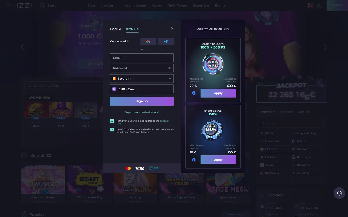 Izzi Casino — Sign-up, captured from Belgium