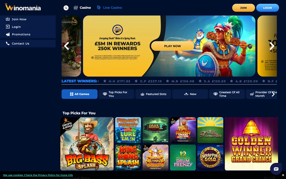 Winomania Casino — Home page, captured from United Kingdom
