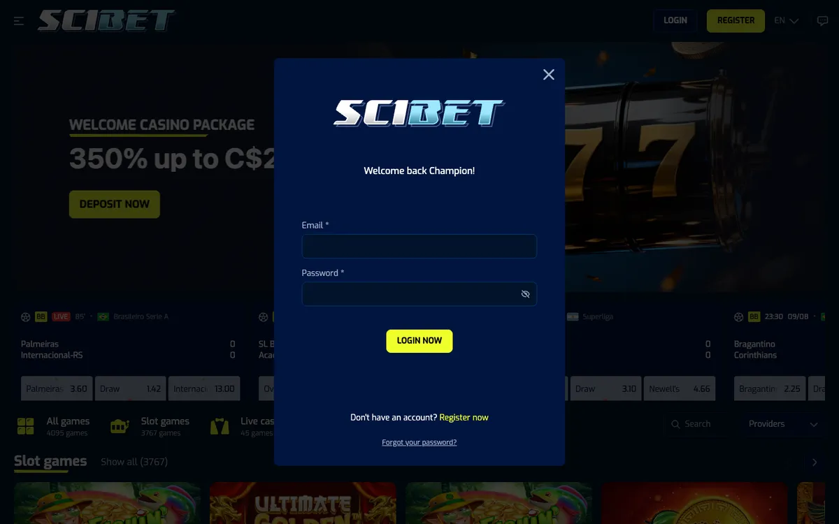 Scibet Casino — Sign-up, captured from Canada