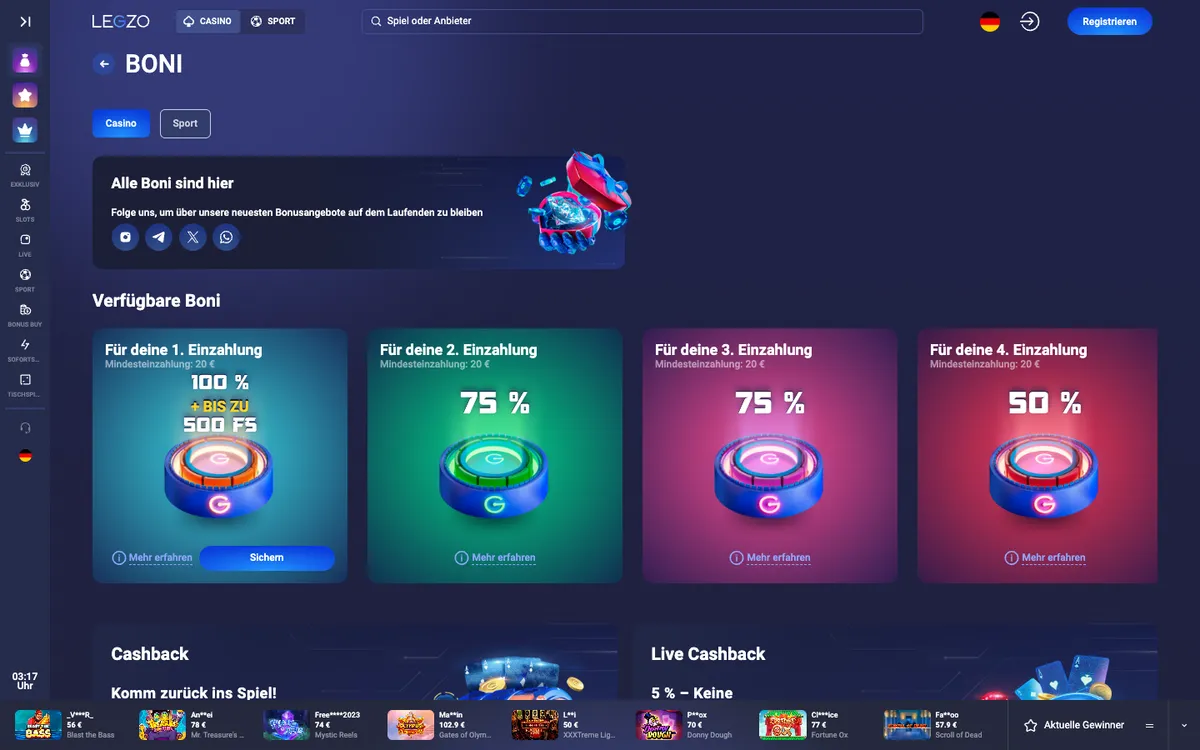 Legzo Casino — «Акции», снято из страны Германия